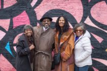 West Powelton residents -- Ardie, Kernard, Pam, and Patricia -- at the opening dedication of "Soul of the Black Bottom" mural by eL Seed. Photo by Chip Colson.