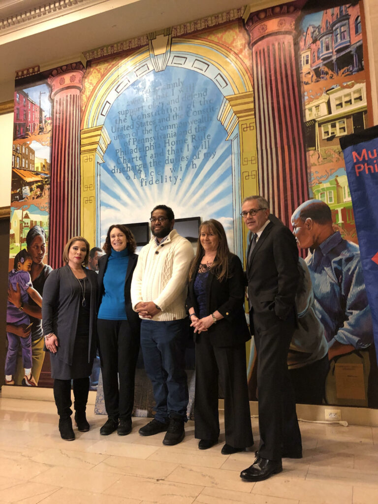James "Yaya" Hough with Joanna Otero-Cruz, Deputy Managing Director for Community Services; Jane Golden, Executive Director of Mural Arts Philadelphia; Miriam Krinsky, Executive Director of Fair and Just Prosecution and Larry Krasner, District Attorney of Philadelphia